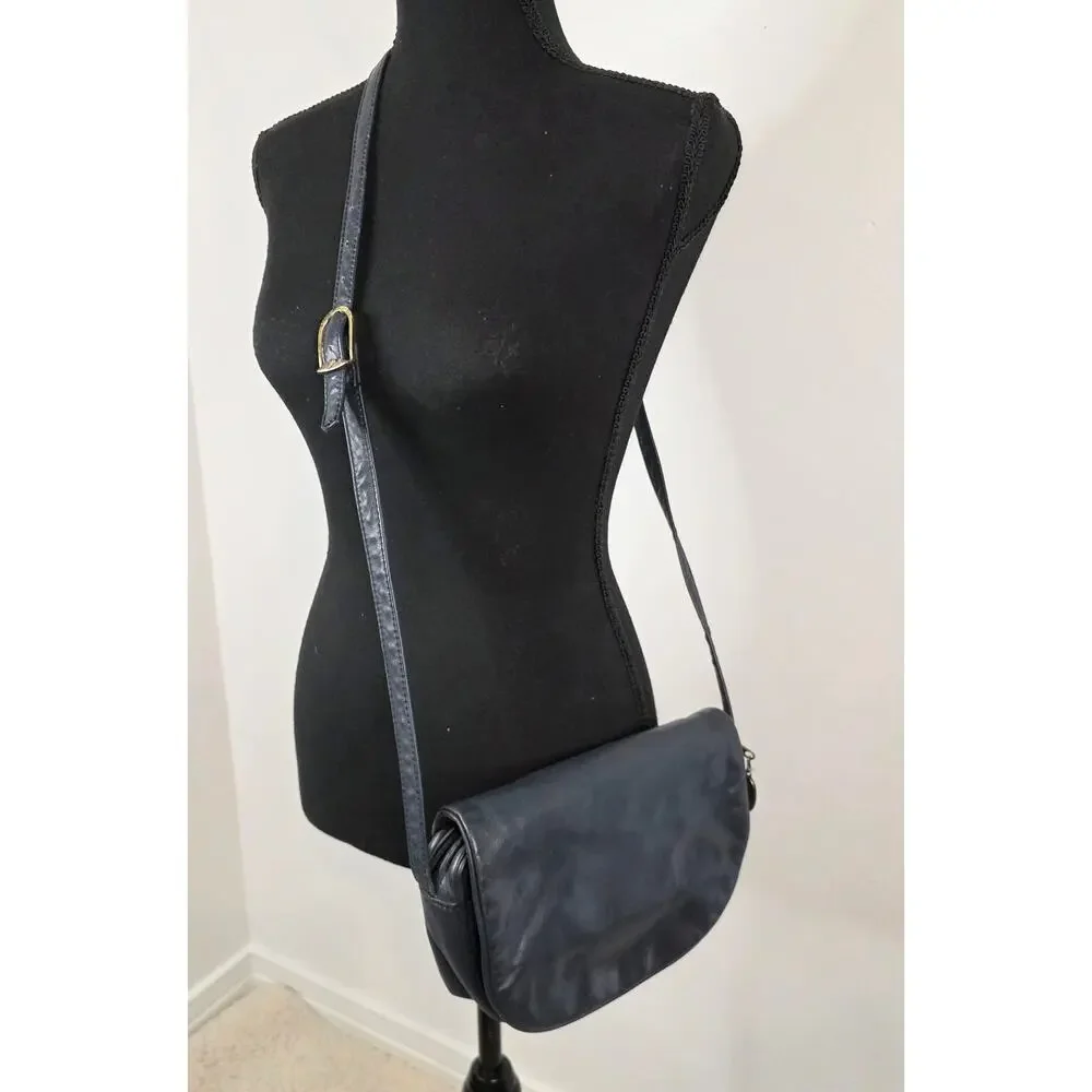 Vtg Stone Mountain Black Leather Cross Body Purse/Shoulder Bag 5 Compartment USA